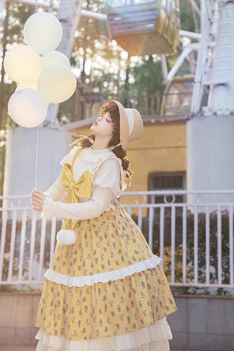 Yellow Stuffed Bear Print Bowknot Sweet Lolita Jsk Dress