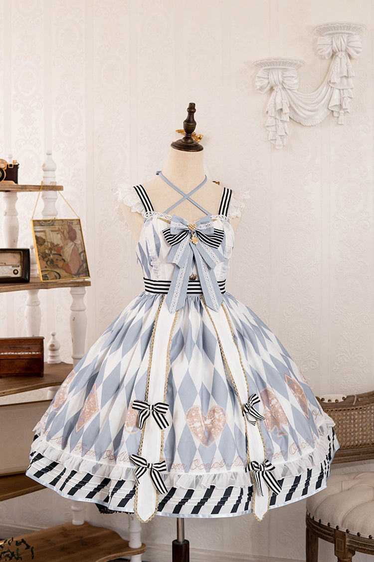 Light Blue Heart Print Bowknot Sweet Princess Alice Lolita Jsk Dress