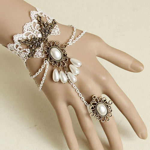 White Vintage Baroque Lace Pearl Bride Palace Prom Lolita Ring Bracelet