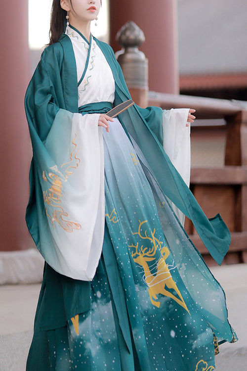 Green Chinese Style Exquisitely Embroidered Three Piece Classic Hanfu Dress