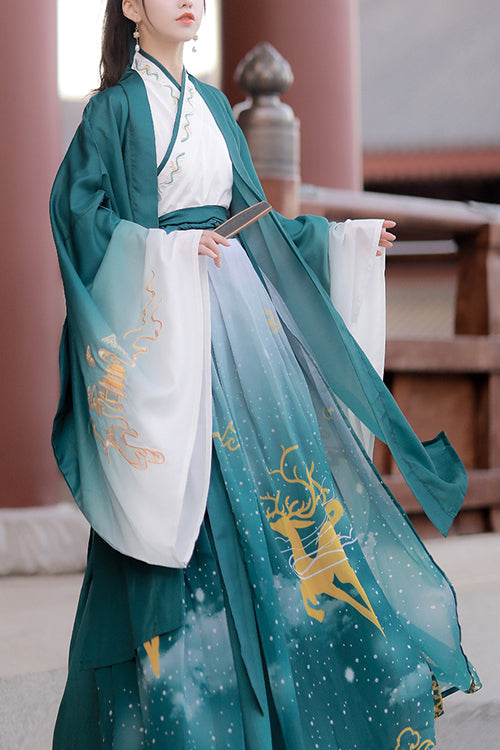 Grünes, exquisit besticktes dreiteiliges klassisches Hanfu-Kleid im chinesischen Stil