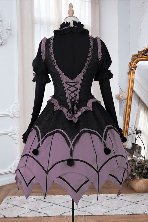 Schwarz / Lila Runder Kragen Gekräuselte Lange Ärmel Taille Unregelmäßiger Saum Kobold Süßes Lolita OP Kleid Komplettset