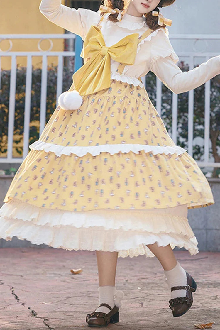 Yellow Stuffed Bear Print Bowknot Sweet Lolita Jsk Dress