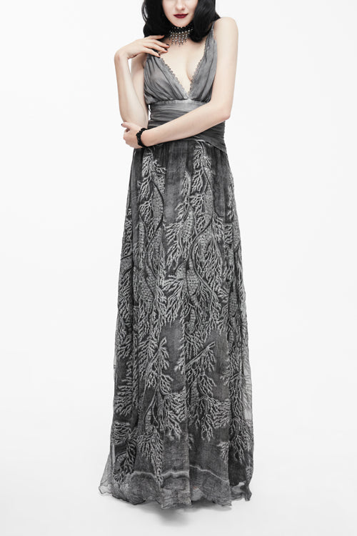 Punk Wedding Embroidery Smoky Pattern Sexy  Silk Chiffon Halter Womens Dress