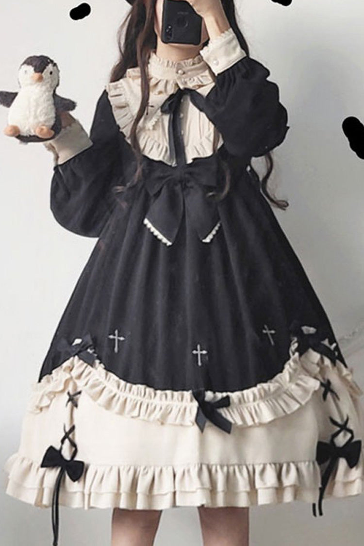 Schwarzes süßes Lolita-Op-Kleid mit rundem Kragen, Brustschleife und Kreuzdruck und Rüschen