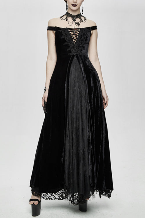Gothic Queen Velvet Flat Shouders Lace Up Deep V Chest Slim Sexy Womens Long Dress