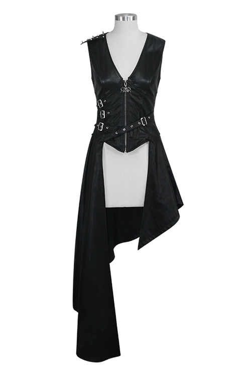Schwarzes, asymmetrisches, ärmelloses Punkrock-Lederkleid für Damen in mittlerer Länge mit Reißverschluss