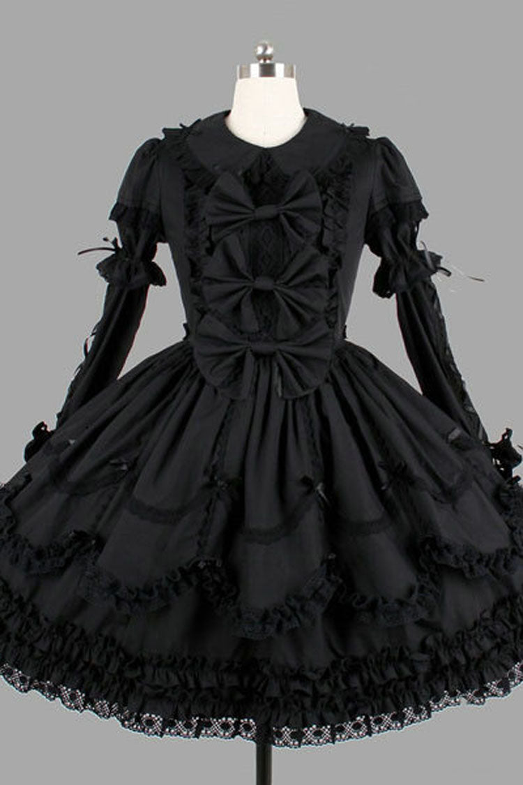 Black Cotton Lapel Collar Long Sleeves Knee Length Bowknot Ruffled Multi-Layer Gothic Lolita Dress