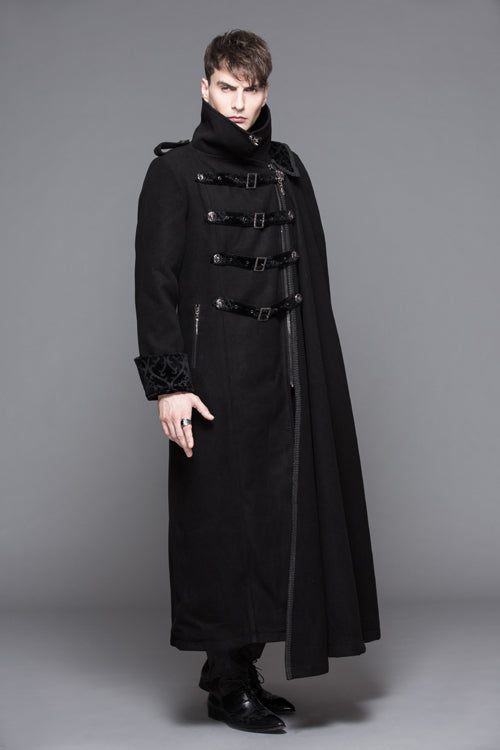 Black Detachable One Sided Shawl Double Sided Woollen Thick Mens Punk Long Coat