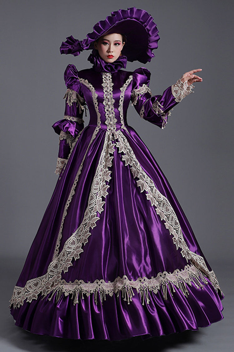 Purple Long Sleeves High Collar High Waisted Cardigan Ruffled Victorian Lolita Prom Dress