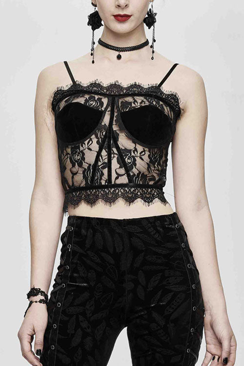 Black Adjustable Flocking Ribbons Decorated Lace Halter Gothic Corset