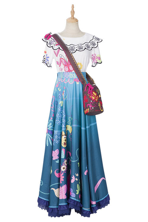 Encanto Mirabel White/Blue Cute Printing Long Skirt Suit Halloween Cosplay Costume Full Set