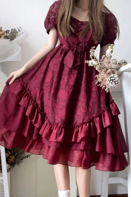 French Elegant Print Multi-Layer Ruffled Short Sleeve Classic Lolita Dress