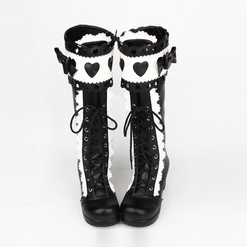 Black White Lace Bowknot Heart Shaped Round Toe Sweet Lolita High Boots