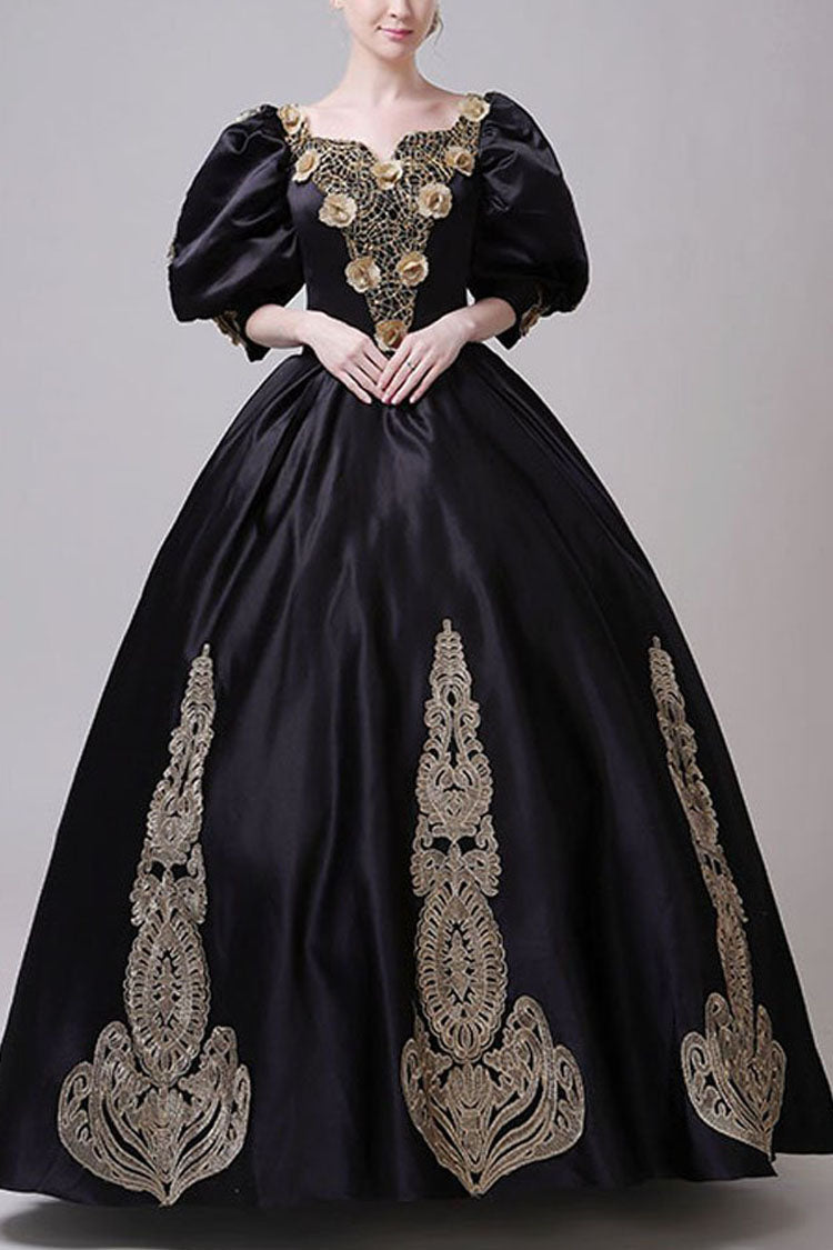 Boat Neck Half Sleeves High Waisted Three Dimensional Golden Floral Hollow Print Victorian Lolita Prom Dress