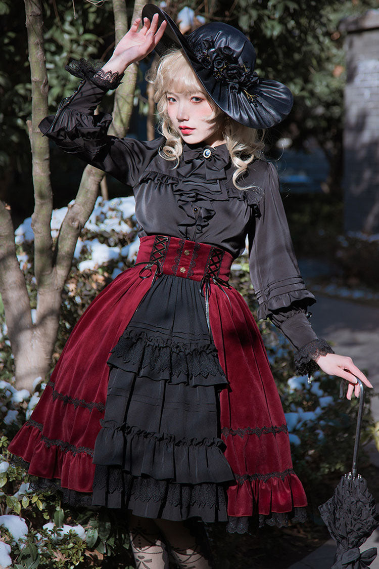 White/Black Stitching Cardigan Ruffled Multi-Layer Gothic Lolita Skirt Dress