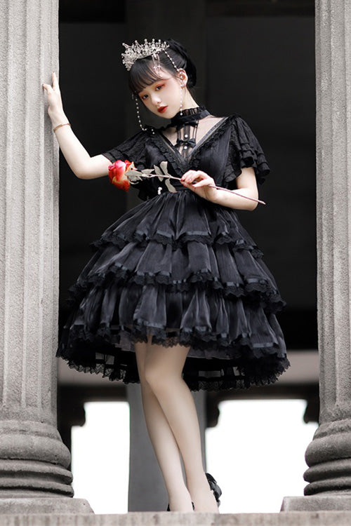 Dark Black Castle Night High Waisted Ruffled Hanayome Gothic Lolita Tiered Dress