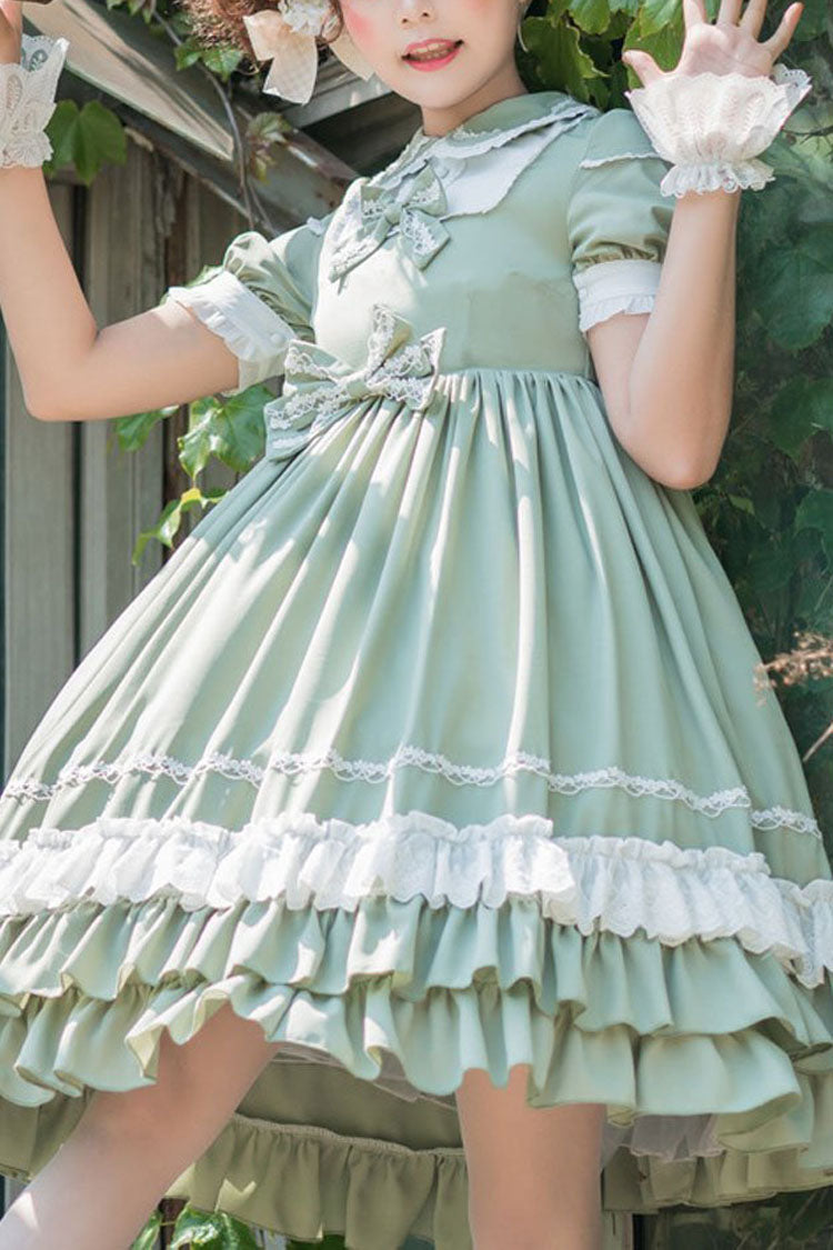 Green Short Sleeves High Waisted Bowknot Multi-Layer Classic Lolita Jsk Dress