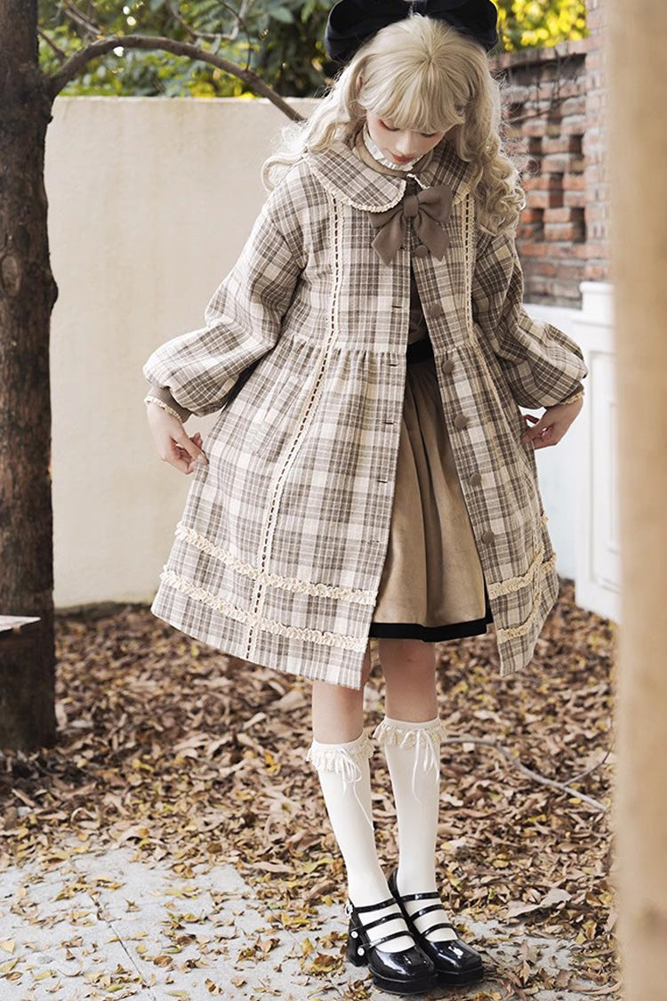 Light Brown Doll Collar Long Sleeves Multi-layer Print Bowknot Sweet College Style Lolita Dress Coat