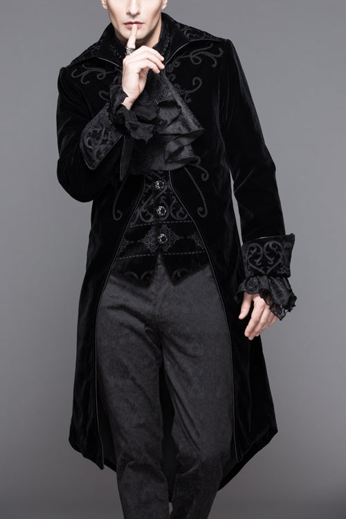 Black Hand Embroidered Fake Two Pieces Long Sleeves Velvet Mens Gothic Coats