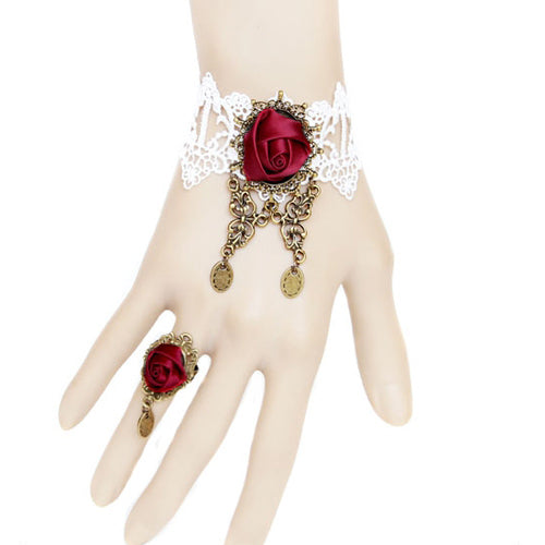 White Retro Fashion Personality Red Rose Flower Lace Female Lolita Ring Bracelet