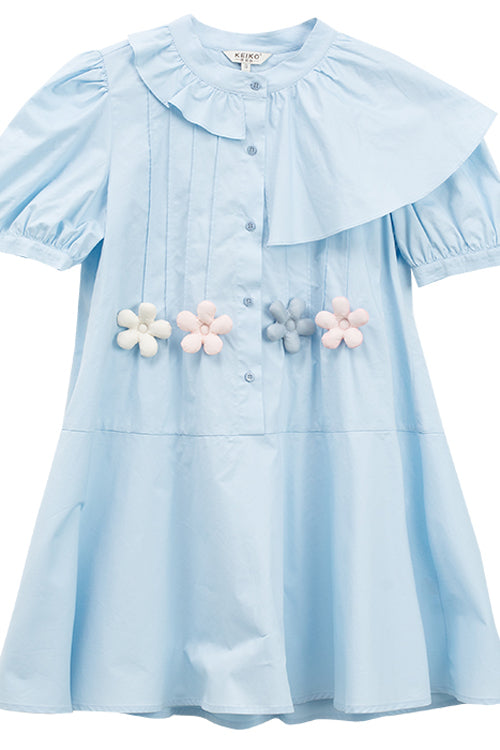 Blue Irregular Ruffled Round Collar Bubble Short Sleeves Waist With Flower Accessories High Waisted Sweet Lolita Dress