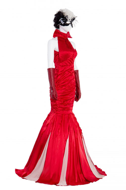 Cruella Red Long Dress Halloween Cosplay Costume Full Set
