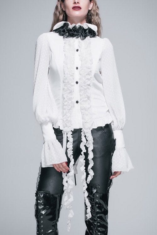 White Lace Up Chiffon Ruffled Dovetail Womens Gothic Blouse