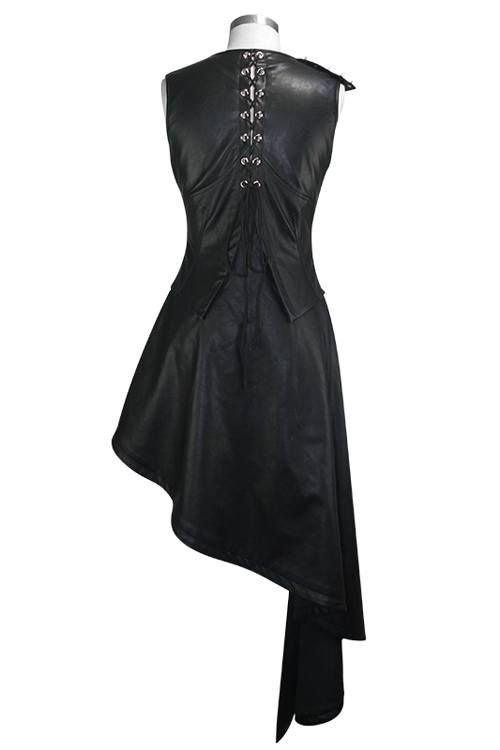 Schwarzes, asymmetrisches, ärmelloses Punkrock-Lederkleid für Damen in mittlerer Länge mit Reißverschluss