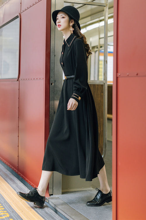Solid Color Navy Style Vintage Lapel Collar High Waisted Long Sleeves Classic Lolita Dress