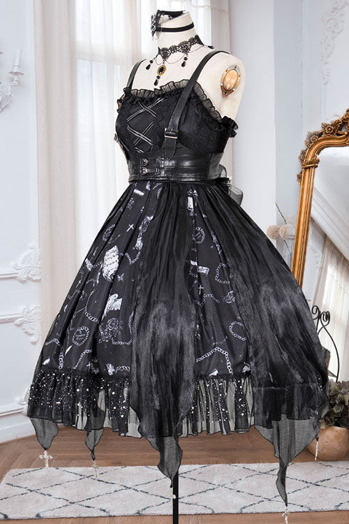 Dark Blue Vampire Diaries Theme Bowknot Ruffled Gothic Lolita JSK Dress Full Set