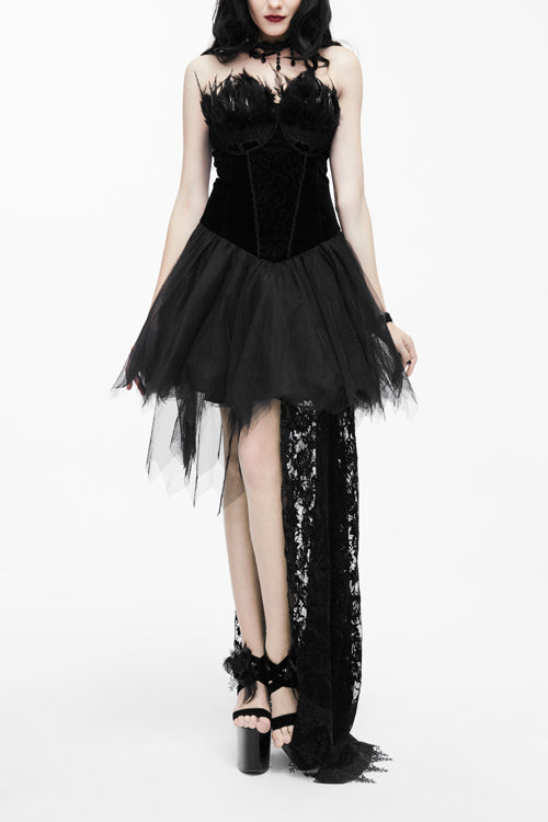 Black Gothic Wedding Strapless Feathered Sexy Velveteen Womens Dress With Rose Lace Tail