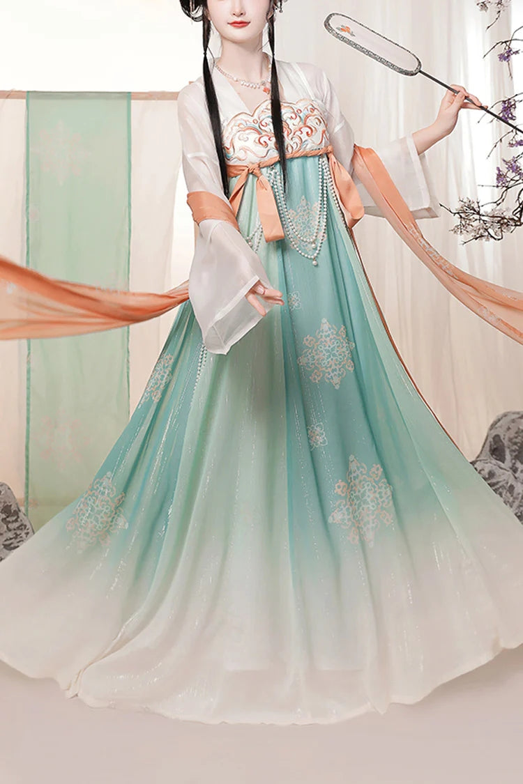 Green Chinese Style <Springtime Greeting> Embroidery High Waisted Long Trumpet Sleeves Hanfu Dress