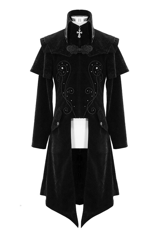Black Hand Embroidered Cape Collar Velveteen Gothic Mens Coat