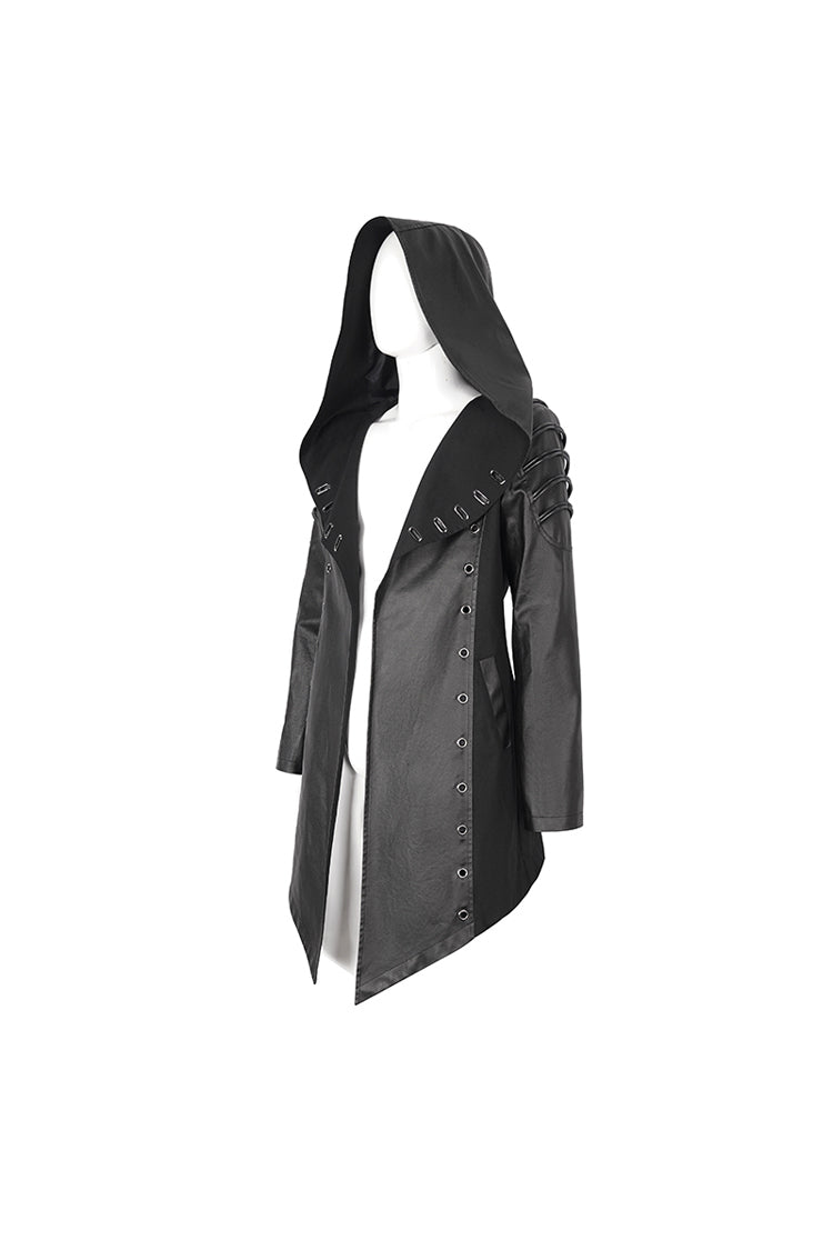 Black Irregular Eyelet Men's Gothic Jacket With Hood