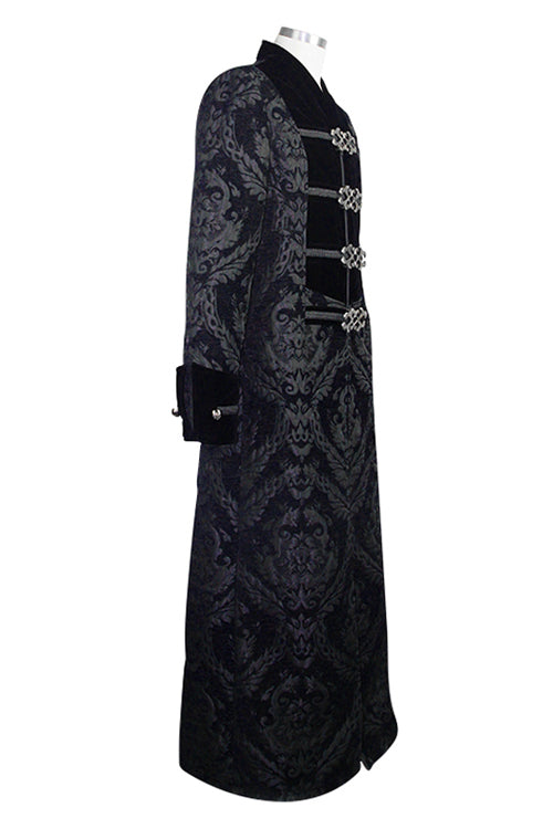 Black Gothic Patterned Metal Buttons Mens Velveteen Long Coat