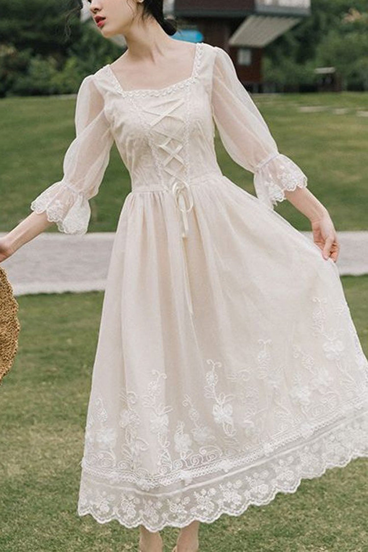 White Lantern Half Sleeves Lace Floral Embroidery Print Sweet Lolita Op Dress