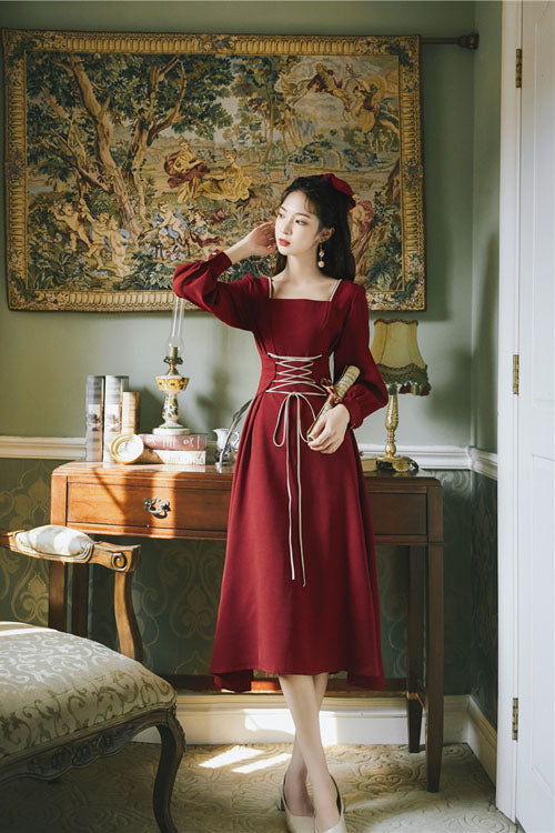 Wine Solid European Manor Square Collar Long Sleeves High Waisted Classic Lolita OP Dress