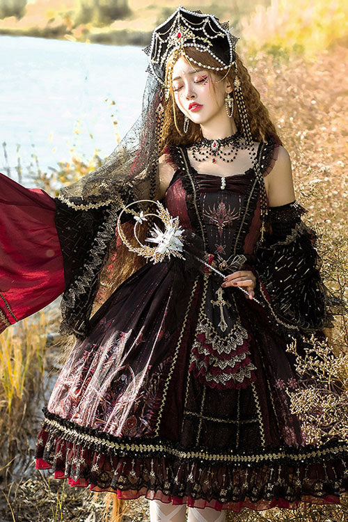 Wine Vintage Hanayome Eye of Red Heart Bowknot Multi-Layer Ruffled Classic Lolita JSK Dress