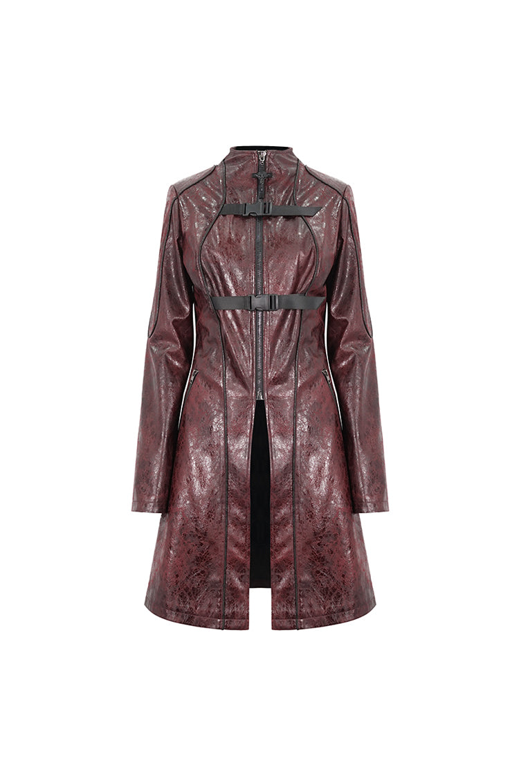 Red Double Buckle Faux Leather Long Women's Punk Coat