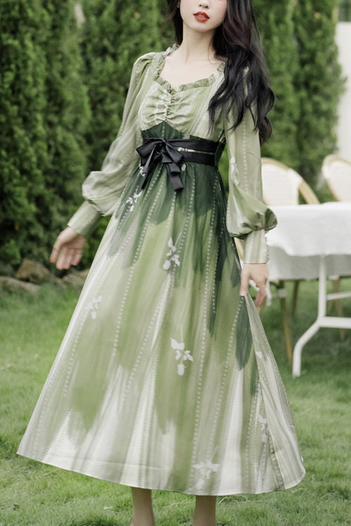 Green French Oil Painting Square Collar Long Sleeves High Waisted Long Sweet Lolita OP Dress