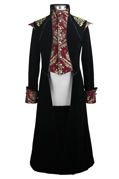 Gothic Jacquard Stand Collar Embroidery Mens Long Coat