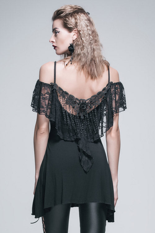Schwarzes, sexy Gothic-T-Shirt mit Rosen-Spitzenquaste auf der Rückseite über der Hüfte für Damen