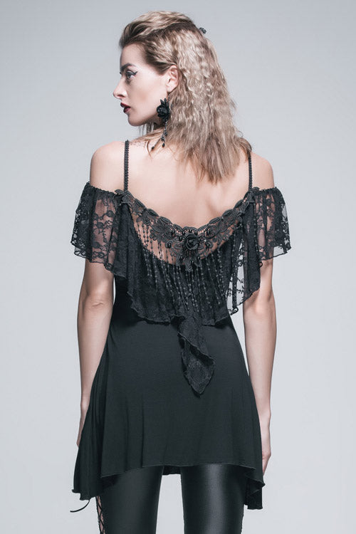 Black Sexy Rose Lace Tassel Back Over Hip Womens Long Gothic T-Shirt