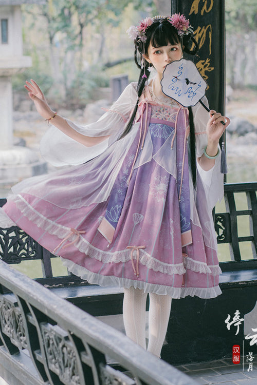 Original Chinese Han Elements Improved Lotus Print Sweet Hanfu Dress Full Set