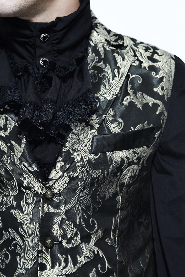 Black/Silver Jacquard Printed Button Men's Gothic Vest
