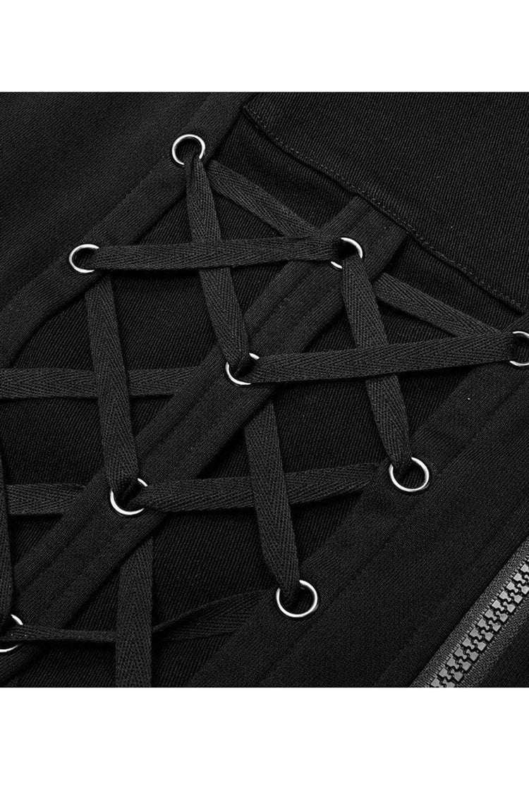 Black Punk Front Lace Up Decoration Long Sleeve Knit Hoodie Men's Coat