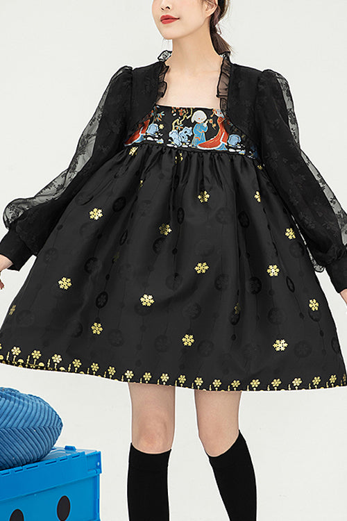 Black Square Neck Organza Print Ruffled Lantern Sleeves High Waisted Sweet Lolita OP Dress