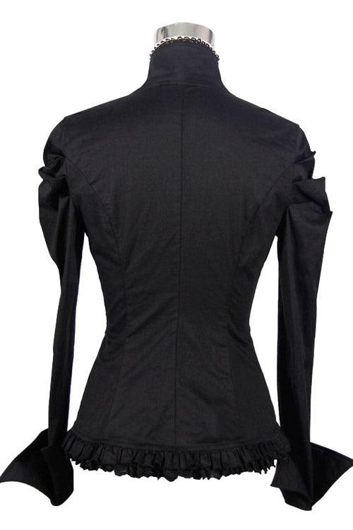 Schwarze Vintage-Bluse mit hohem Kragen und elastischer schmaler Gothic-Bluse für Damen