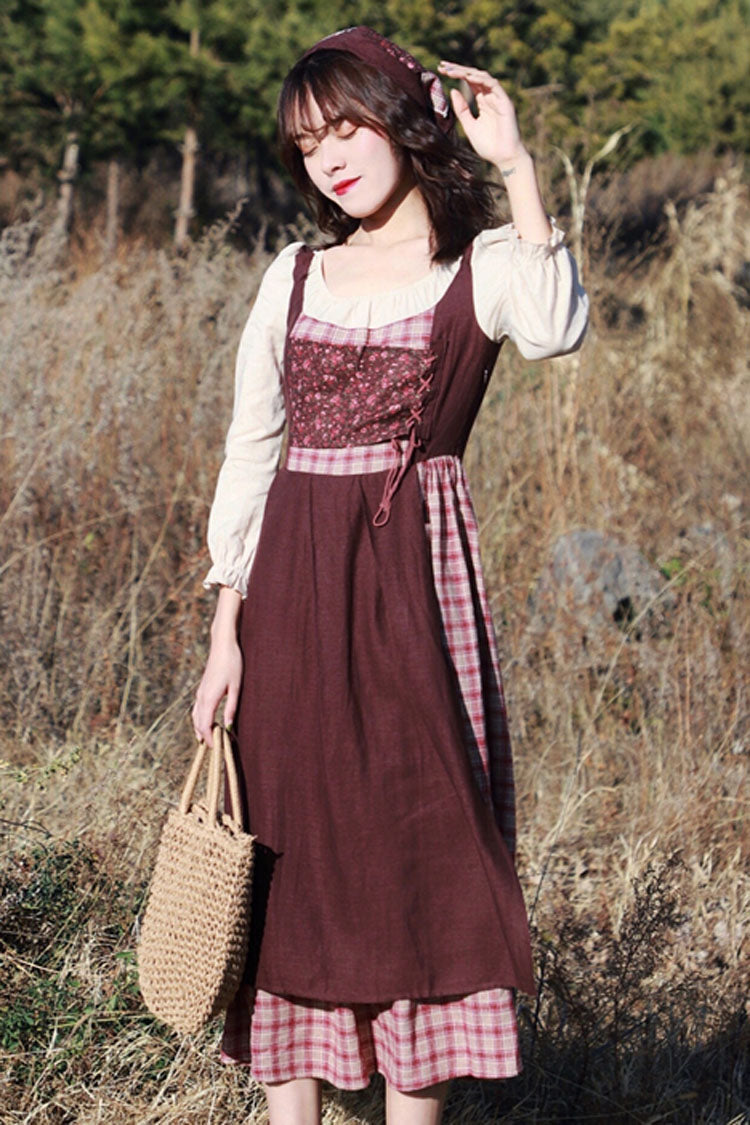 Brown French Retro Pastoral Style Long Sleeves Stitching Plaid Crinkle Sweet Lolita OP Dress (Headkerchief is included)